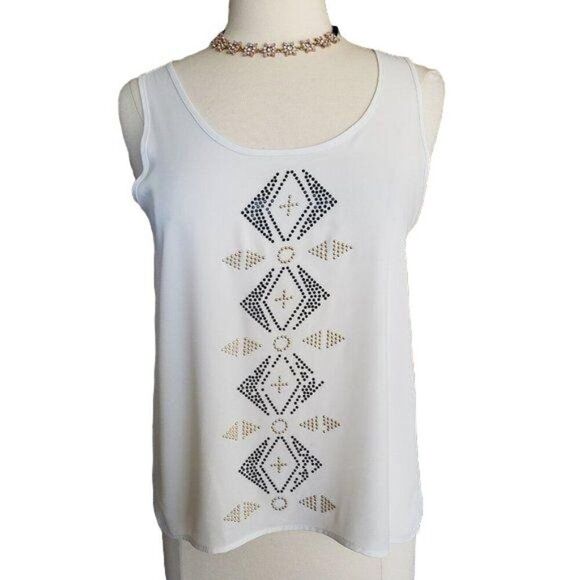 Womens Studded Tank Top M White Sleeveless Tunic Tribal Geometric Boho Y2K - Picture 2 of 7